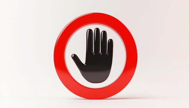 Do Not Stop: Forbidden Hand Sign For Access Restriction In Red Circle With Black Palm On White Background. Halt Warning Symbol For No Entry.