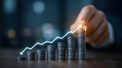 House Price Rise: Coins and House Icon with Increasing Graph on Dark Blue Background