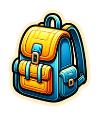 Vibrant blue and yellow backpack with bold outlines isolated on transparent background
