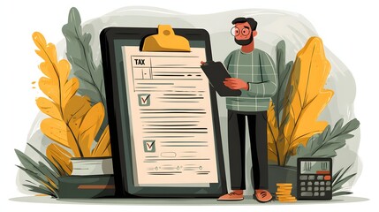 Cartoon Character Filling Out Tax Form on Tablet, Illustration