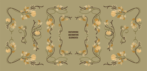 Autumnal Art Nouveau frames, corners, and borders. Seasonal Vintage decor. Vector.