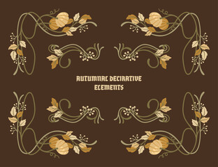 Autumnal Art Nouveau frames, corners, and borders. Seasonal Vintage decor. Vector.