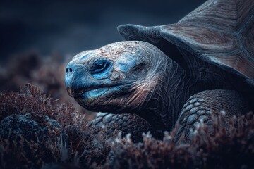  A close up of a tortoise's face in the dark