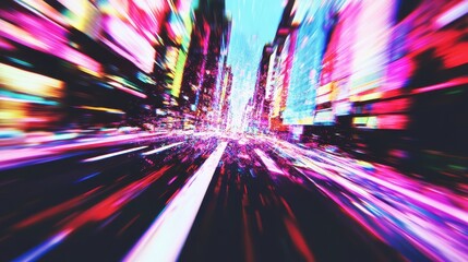 Dynamic city street scene with vibrant colors and motion blur.