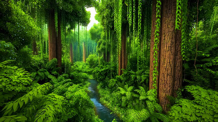 Lush green jungle. Dense foliage, towering trees, and a winding stream create a vibrant, tropical atmosphere