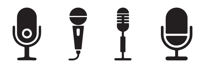Different microphone collection. Podcast mike, journalist microphone, karaoke, conference. Thin line microphone pictogram. Voice record mike icon in black. eps 10