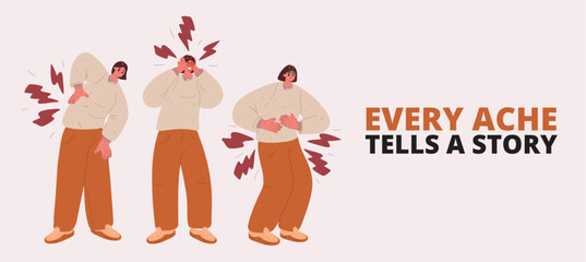 Cartoon vector illustration of people showing aches as a metaphor for listening to the body and emotional signals