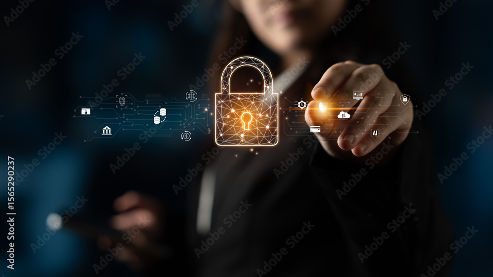 Poster cyber security safeguards data and systems. cyber security uses ai, digital security protects cloud,