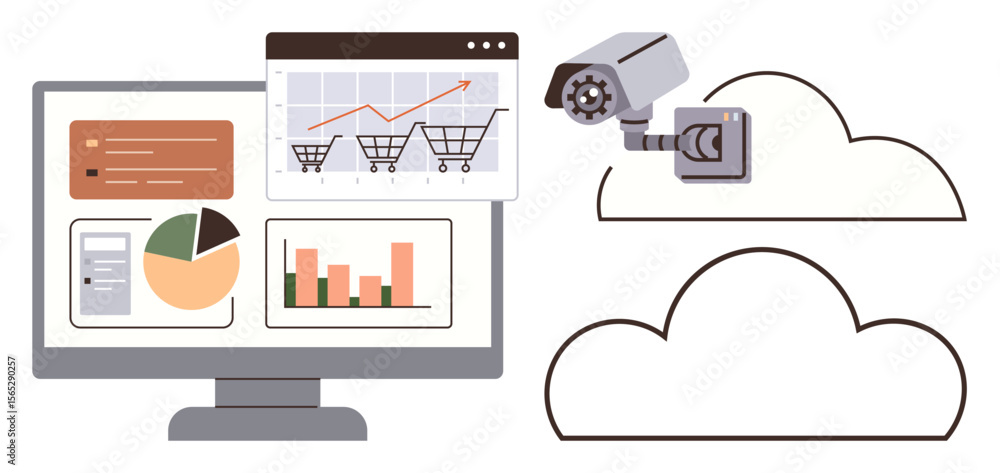 Poster monitor with business data graphs, shopping carts, cloud shapes, and security camera representing an
