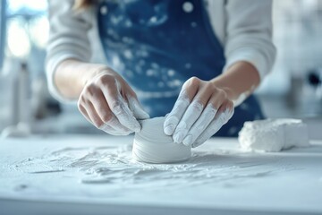 A potter's hands carefully shape a small, white clay vessel on a table covered with clay dust.