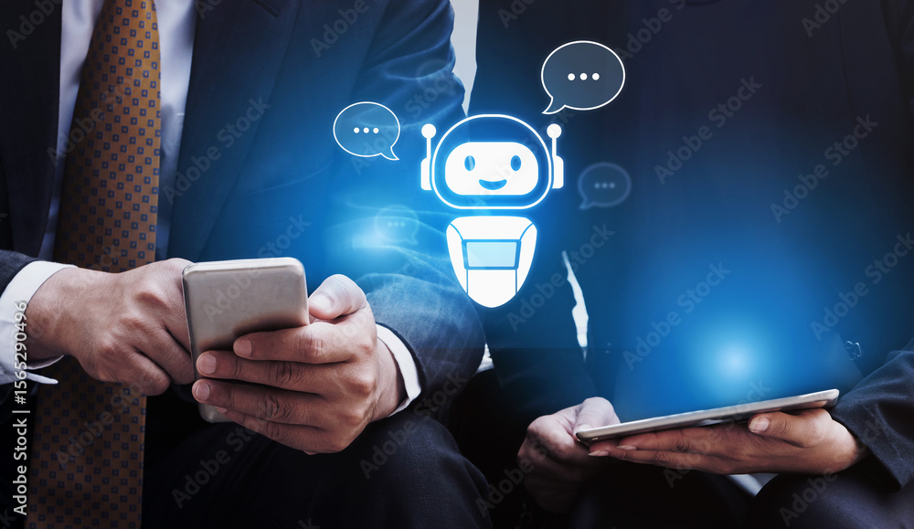 Poster ai chatbot virtual assistant interacting with users through ai conversation bubbles, symbolizing ai 
