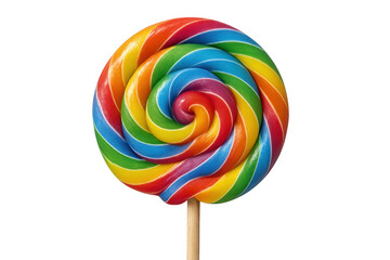 Multicolored spiral lollipop spinning slowly, wooden stick visible, vibrant candy against clean transparent backdrop