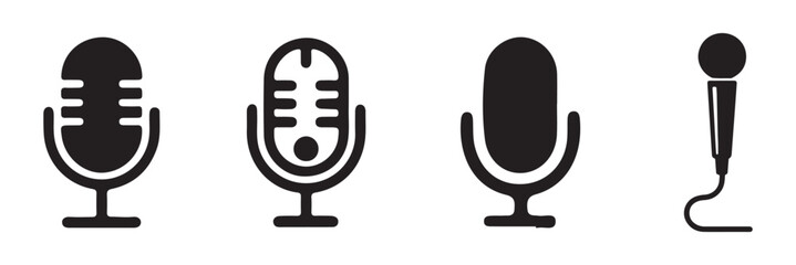 Different microphone collection. Podcast mike, journalist microphone, karaoke, conference. Thin line microphone pictogram. Voice record mike icon in black. eps 10