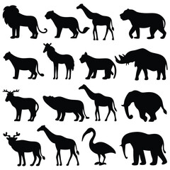 Black wildlife animal silhouettes featuring lion, giraffe, elephant, rhino, and deer against a white background present a natural wildlife scene.