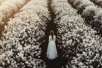 A woman in a white gown stands between two paths of blooming white flowers, a serene and ethereal scene.