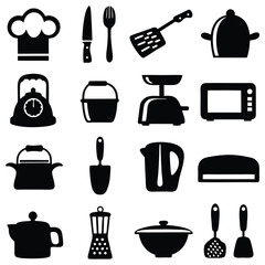 Collection of kitchen cooking utensil silhouettes for food preparation projects and culinary designs in black and white