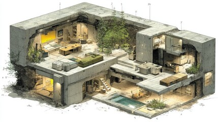 Underground bunker architecture plans minimalist concrete design hidden ventilation shafts and modular living spaces isometric perspective