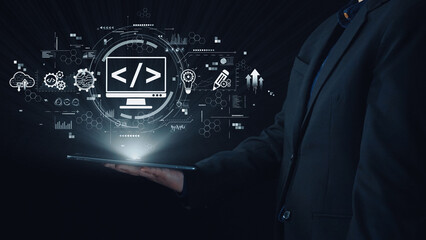 Modern web development concept featuring coding symbols, web development process, web development...
