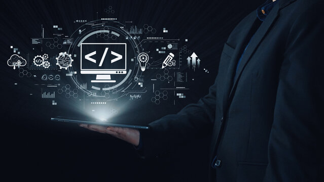 Modern web development concept featuring coding symbols, web development process, web development interface, and web development tools with futuristic design. Elide