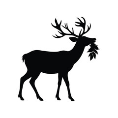 Silhouette of a majestic deer eating leaves in a vector format