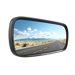 Rear view mirror reflecting a clear road and mountains in the distance with blue sky and clouds cutout isolated on transparent bg, png