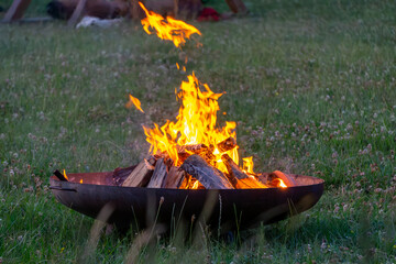 burning fire in a metal fire pit placed on grass, with bright flames rising above the wooden logs...
