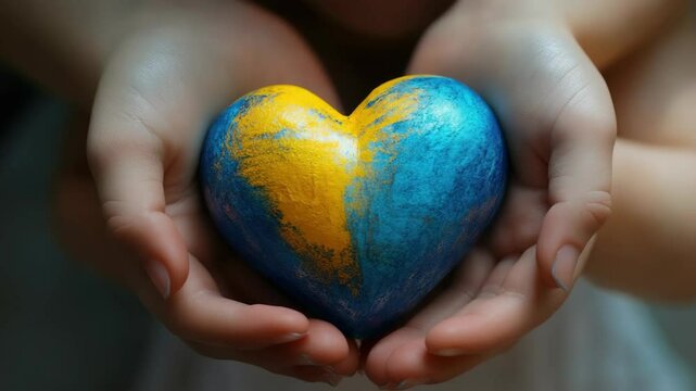 A hands-on perspective showcasing a vibrant, multicolored heart decorated with famous landmarks from around the globe, symbolizing love and unity for all people.