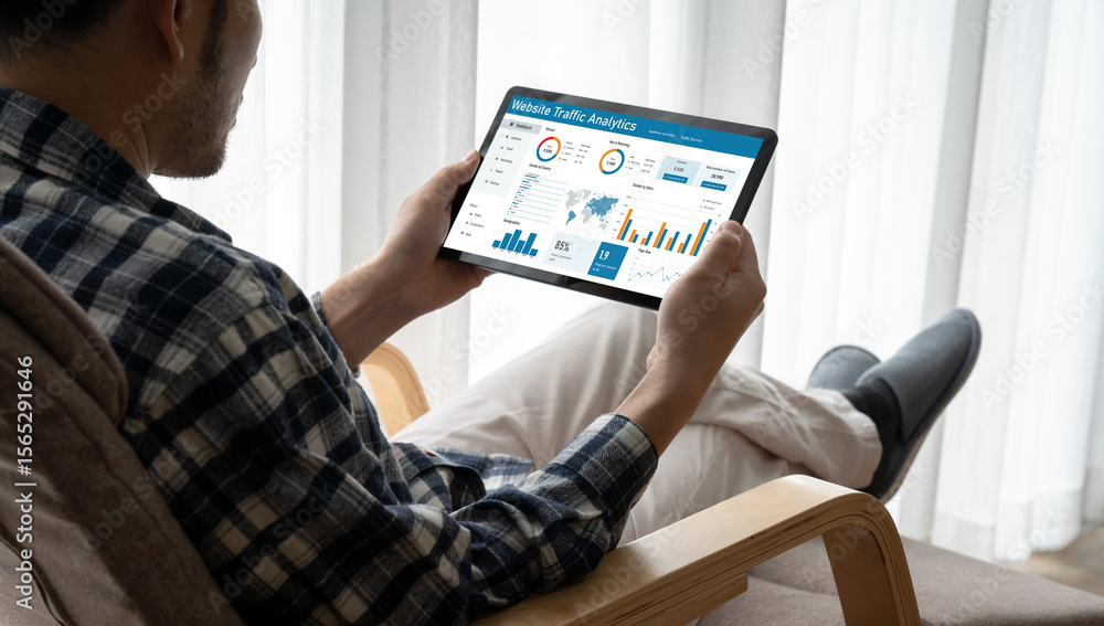 Poster computer software for website traffic analytics data on computer screen. concept of seo search engin