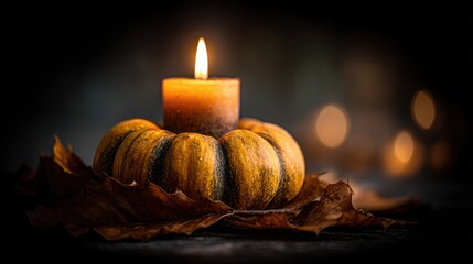 A lit candle sitting on top of a pile of leaves