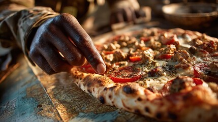 Hand Reaching for Pizza on Map