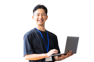 パソコンを持つ笑顔の男性ビジネスマン（背景透過PNG）