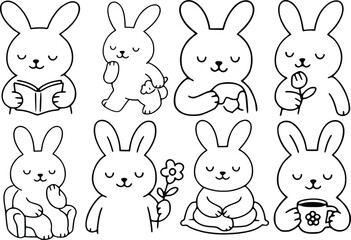 Cozy bunny vector clipart set, cute line art of rabbits reading, relaxing, drinking tea, and holding flowers, black outline style