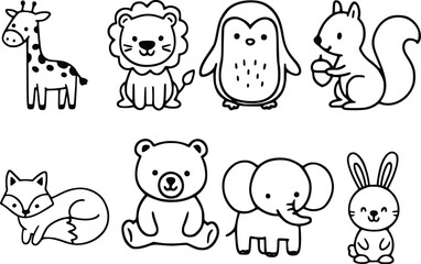 Cute animal vector line art set, hand drawn baby animals collection, kawaii forest and jungle characters, black outline