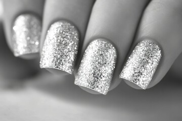 Close-up of elegant silver glitter nails, showcasing a chic and glamorous manicure.