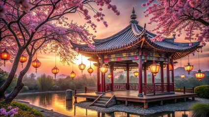 Serene Sunset at a Pavilion Adorned with Blossoms and Lanterns Reflecting in a Calm Pond