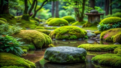 Serene Mossy Landscape Featuring a Central Stone in a Tranquil Water Feature