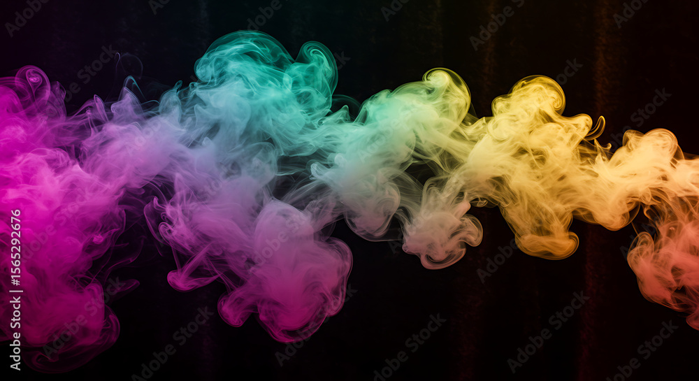 Poster a vibrant, horizontal stream of colorful smoke flows against a dark background, creating a dynamic a