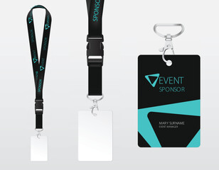 Black lanyard  badge set EVENT SPONSOR repeated w name MARY SURNAME  manager title