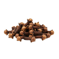 Obraz premium Small organic pile of dark brown dried whole cloves with bulbous flower heads and textured stems, exhibiting natural variations on a transparent isolated background with bright studio lighting.