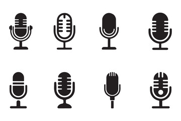 set of Old Style Mic Silhouette icon for Podcast or Radio Silhouette, Microphone vector icon set. Microphones audio podcast vector icons. Microphone  Illustration Icons. eps 10