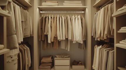 A well organized closet showcases neutral colored clothes, shoes, and folded fabrics, creating a fashion and style statement.