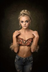 Naklejka premium A woman in a floral top and jeans posing for a picture