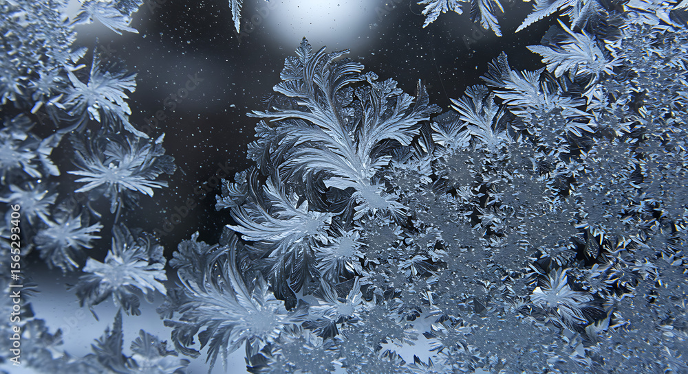 Poster a macro photograph of delicate, intricate ice crystals and frost patterns forming on a cold surface.