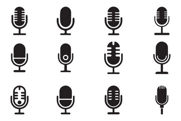 set of Old Style Mic Silhouette icon for Podcast or Radio Silhouette, Microphone vector icon set. Microphones audio podcast vector icons. Microphone  Illustration Icons. eps 10