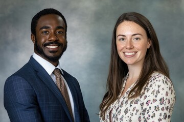 A portrait of a smiling Black man in a suit and a smiling white woman in a floral blouse.