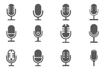 set of Old Style Mic Silhouette icon for Podcast or Radio Silhouette, Microphone vector icon set. Microphones audio podcast vector icons. Microphone  Illustration Icons. eps 10