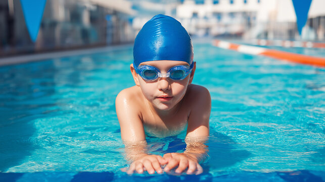 Little boy swimmer with goggles and cap in the swimming pool