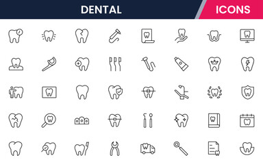 Dental vector web line icon collection, sleek illustrations of teeth, tools, and oral care for professional dental and health designs.