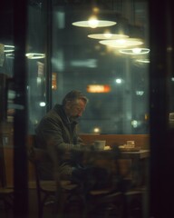 Pensive Man in Cafe at Night
