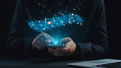 Social media interaction digital icons floating show concept of social media marketing. Online engagement, influencer marketing, and modern connection technology. Elide